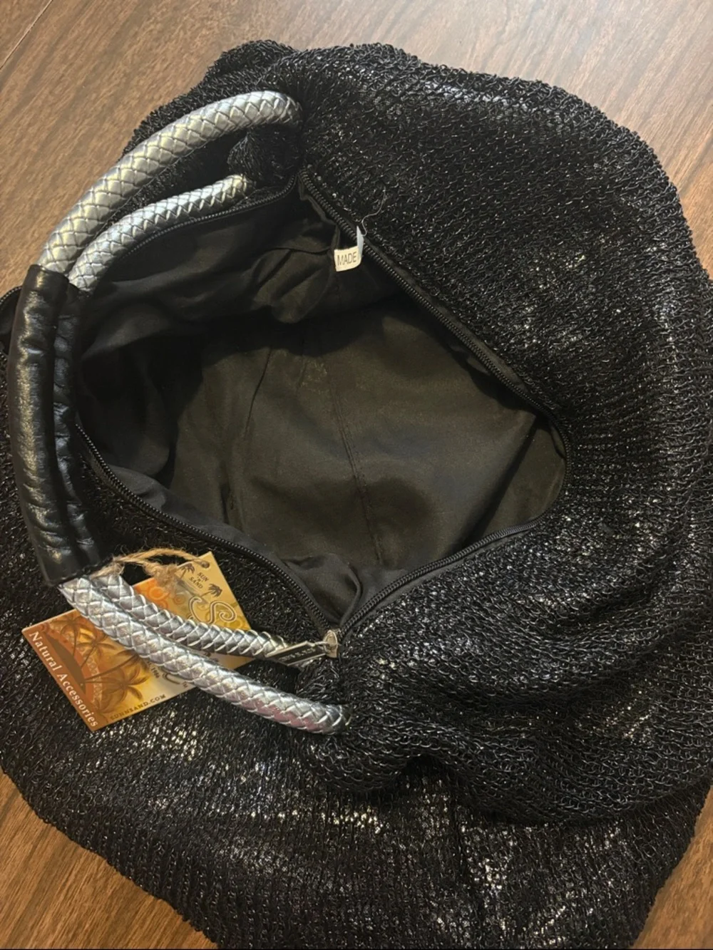 NEW Sun n Sand Black Mesh Hobo Handbag with Silver Rope Handles NWT
